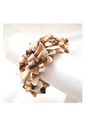 Elastic Bracelet (br10) Handmade Natural Beige Brown Mother of Pearl Shell 7"-8"